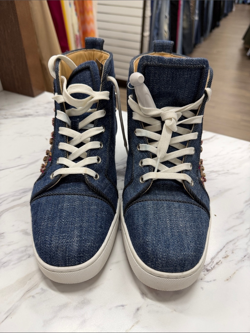 Christian Louboutin Denim High-Top Sneakers with White Soles